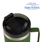 Stainless steel insulated travel mug with plastic straw "We Care", dark green 900ml