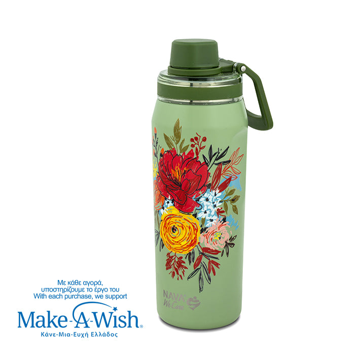 Stainless steel thermos bottle with spout "We Care", Green Floral 500ml