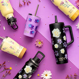 Stainless steel thermos tumbler with plastic straw "We Care", Black Floral 900ml