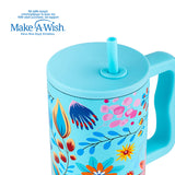 Stainless steel thermos tumbler with plastic straw "We Care", Cyan Floral 900ml