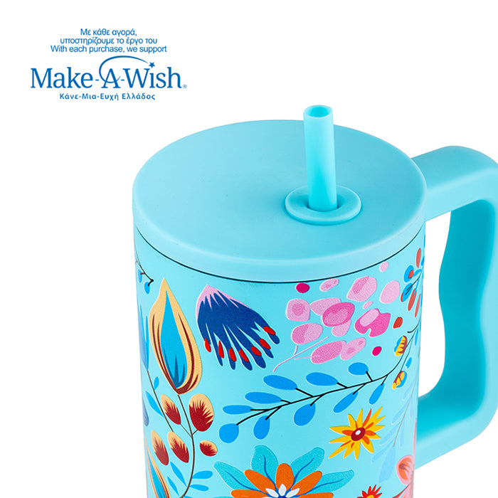 Stainless steel thermos tumbler with plastic straw "We Care", Cyan Floral 900ml