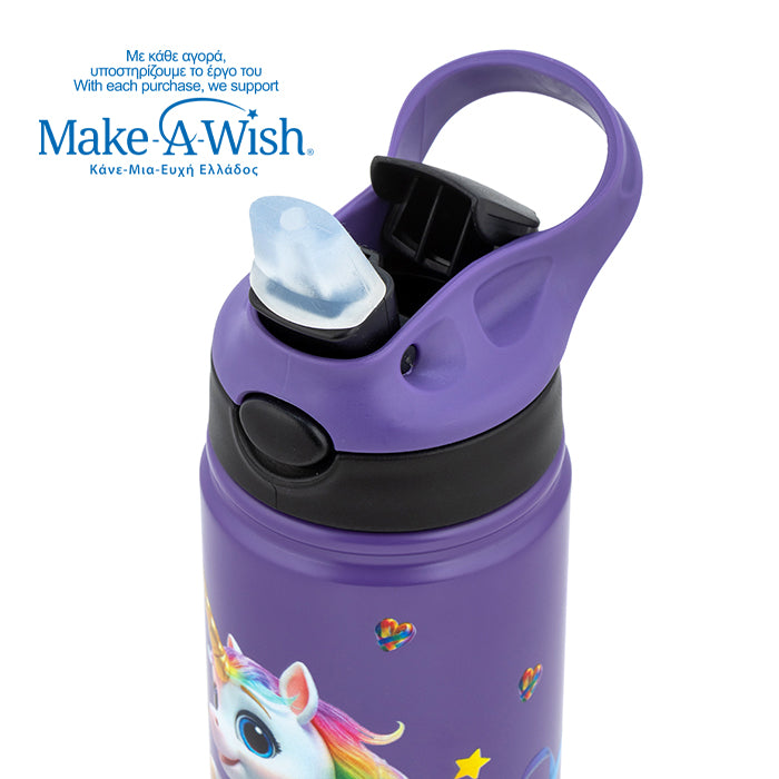 Stainless steel vacuum travel bottle with straw "We Care", Purple Unicorn 500ml