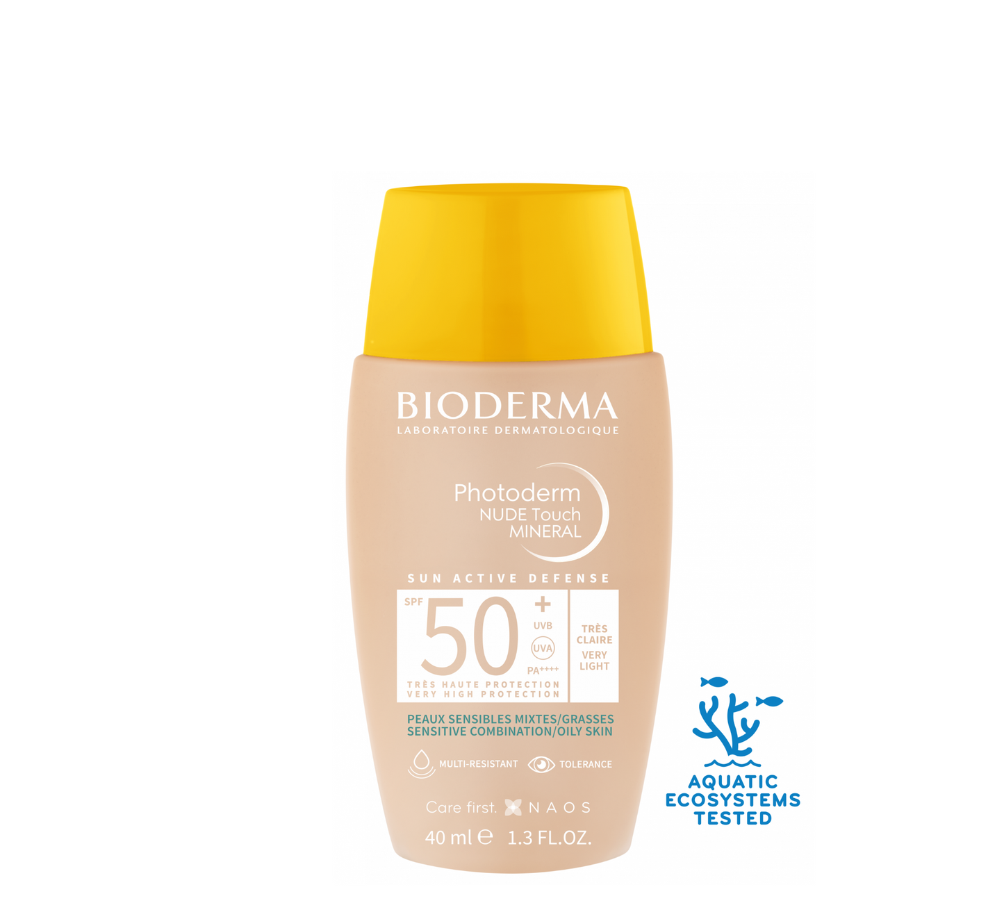 Bioderma Photoderm Nude Touch SPF 50 mineral sunscreen for sensitive combination or oily skin in a beige 40ml bottle with yellow cap, labeled very light shade.
