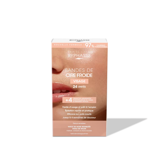 Byphasse Cold Wax Strips Face & Delicate Areas for Sensitive Skin (24 strips + 4 wipes)