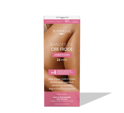 Byphasse Cold Wax Strips Legs & Body Sensitive Skin (24 strips + 4 wipes)