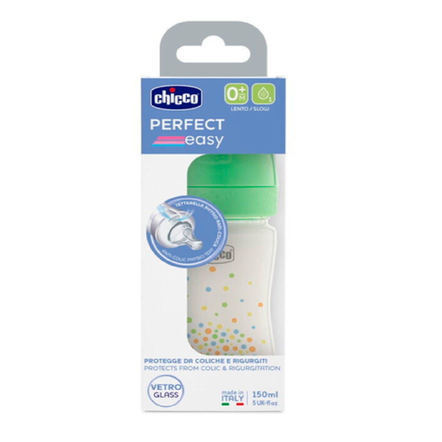 Chicco Perfect Easy Glass Feeding Bottle 150ml Slow Flow 0m+ Silicone, Green