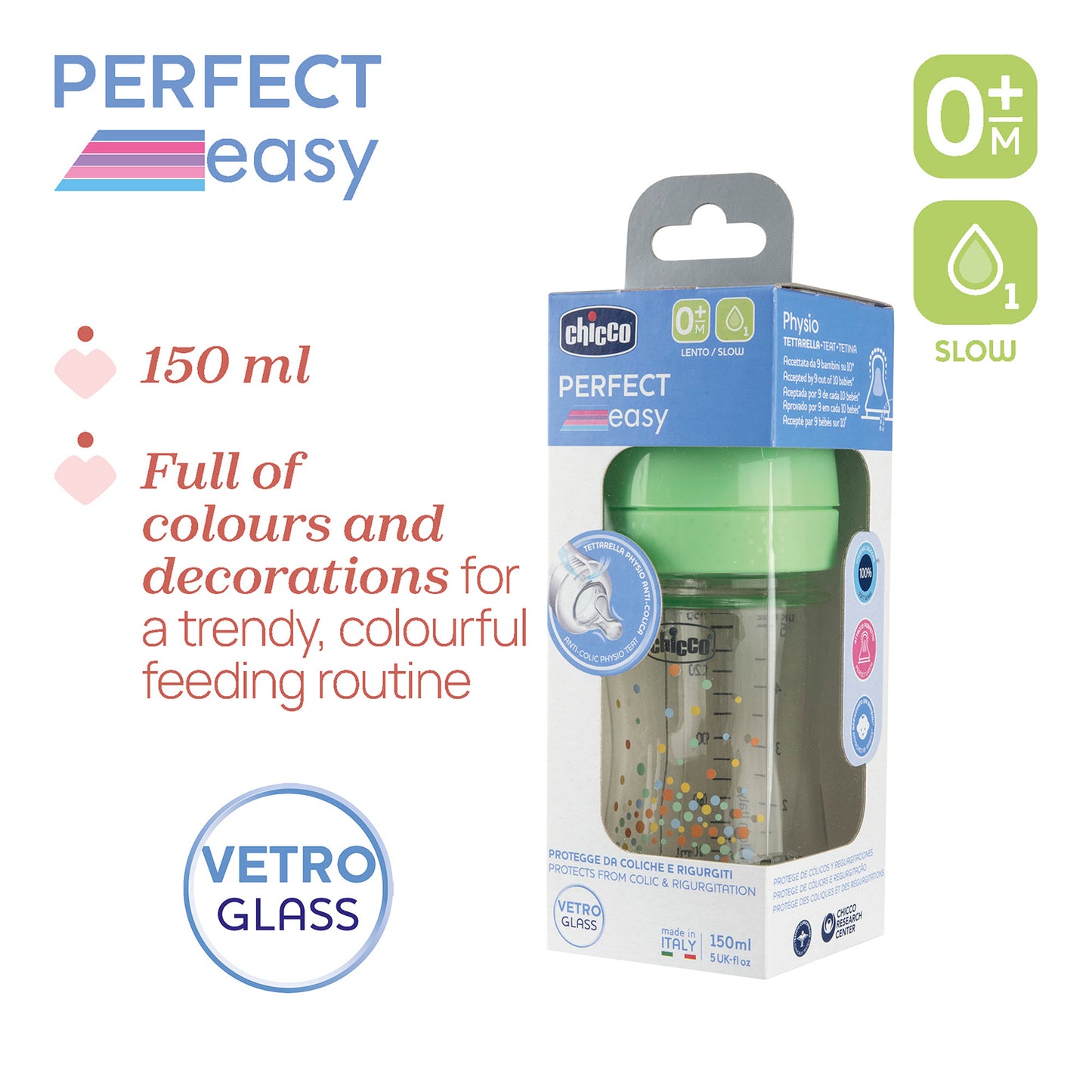 Chicco Perfect Easy Glass Feeding Bottle 150ml Slow Flow 0m+ Silicone, Green