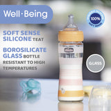 Chicco Well-Being Glass Feeding Bottle 240ml Slow Flow 0m+ Silicone, Blue