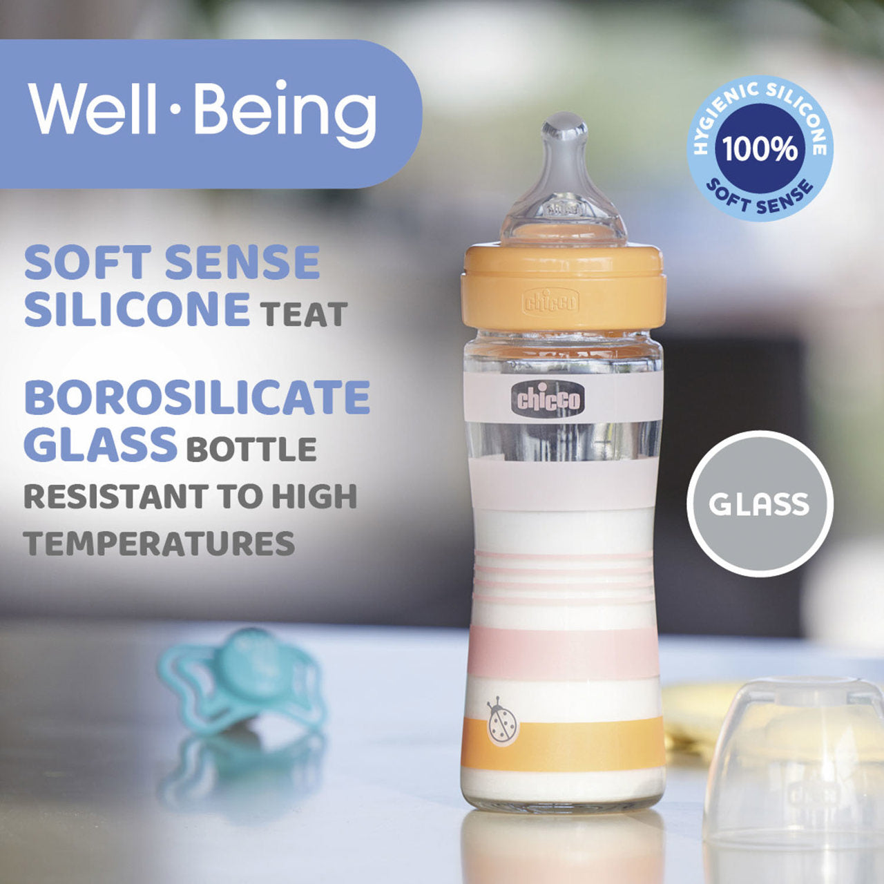 Chicco Well-Being Glass Feeding Bottle 240ml Slow Flow 0m+ Silicone, Blue