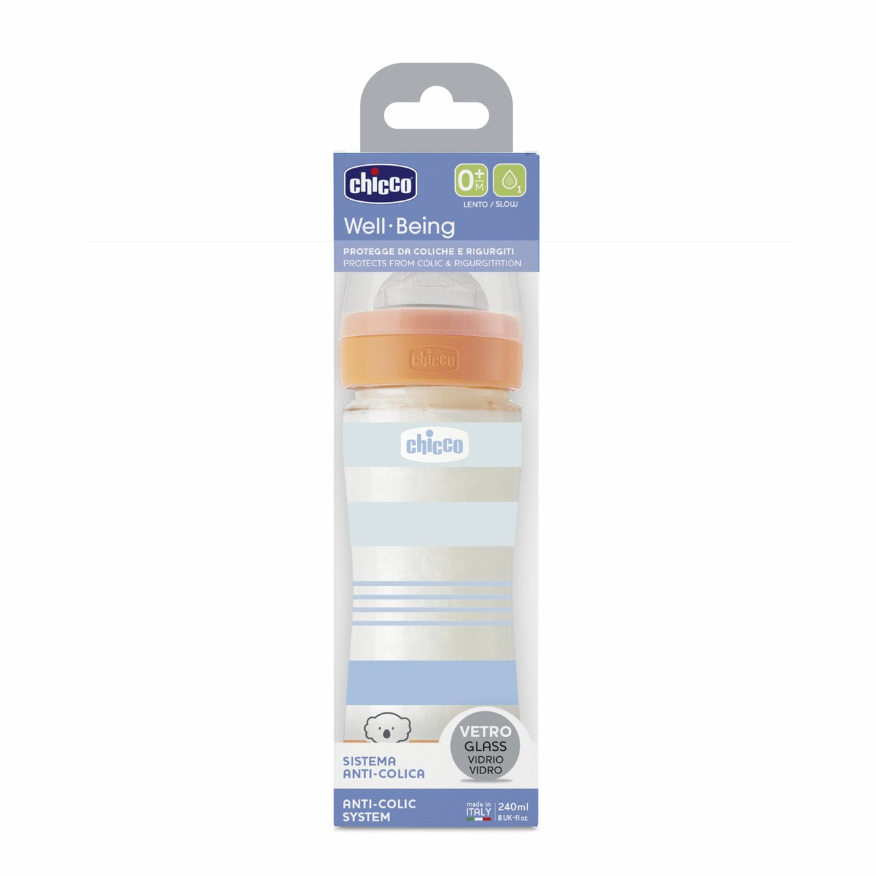 Chicco Well-Being Glass Feeding Bottle 240ml Slow Flow 0m+ Silicone, Blue