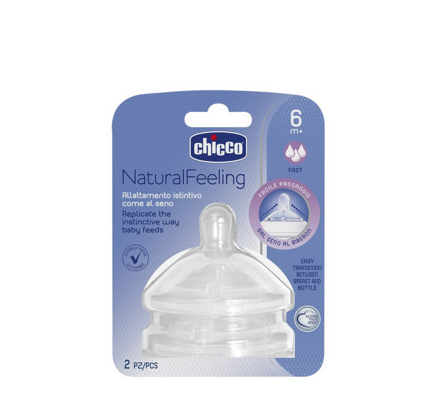Chicco Natural Feeling Silicone Teat Fast Flow 6M+ *2pcs (biberon ushqyes)