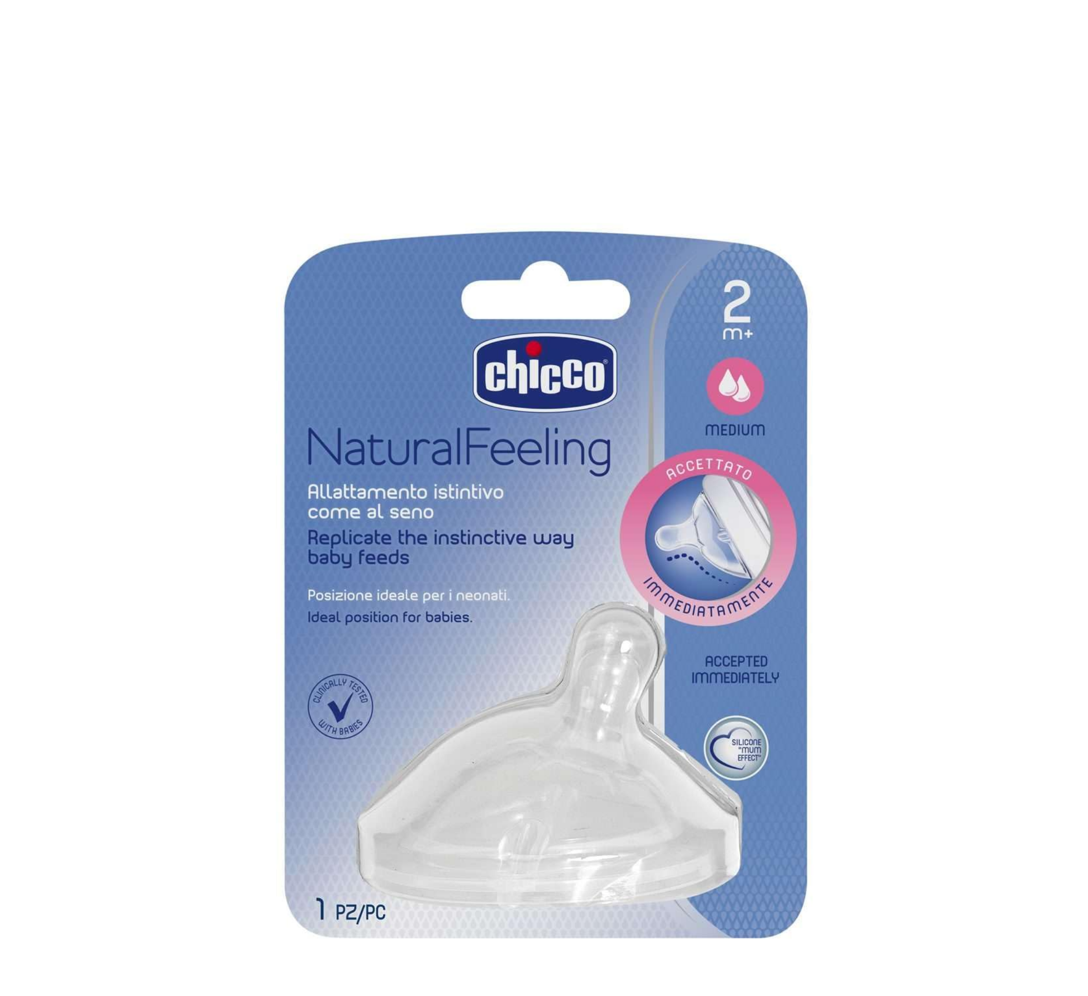 Chicco Natural Feeling Silicone Teat Medium Flow Angled End 2M+ *1pcs (biberon ushqyes)