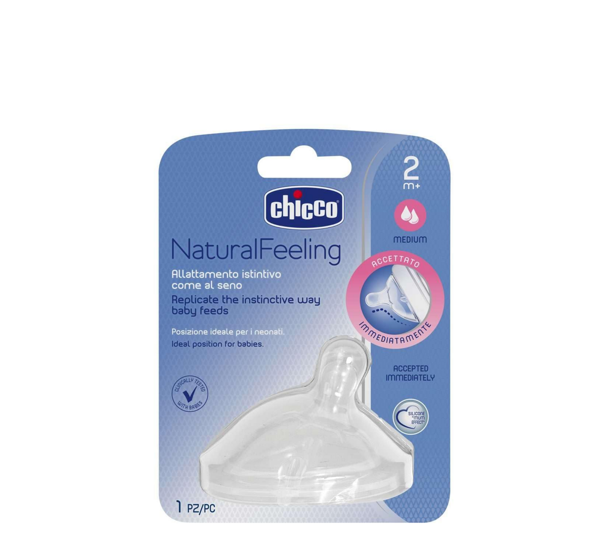 Chicco Natural Feeling Silicone Teat Medium Flow Angled End 2M+ *1pcs (biberon ushqyes)
