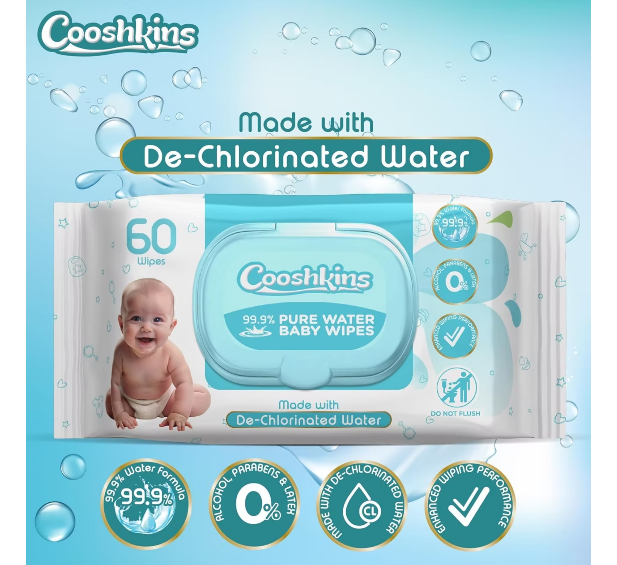 Cooshkins 99.9% Pure Water Baby Wipes *60pcs