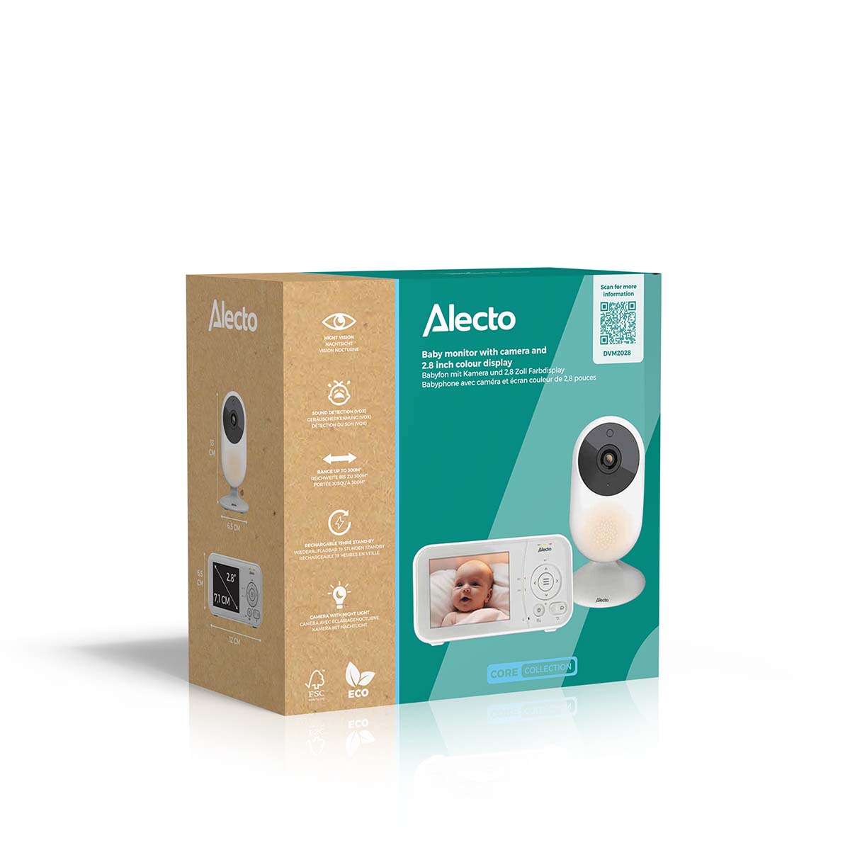 Alecto DVM2028 - Baby monitor with camera with 2.8" display - Night vision and temperature display - White/Grey
