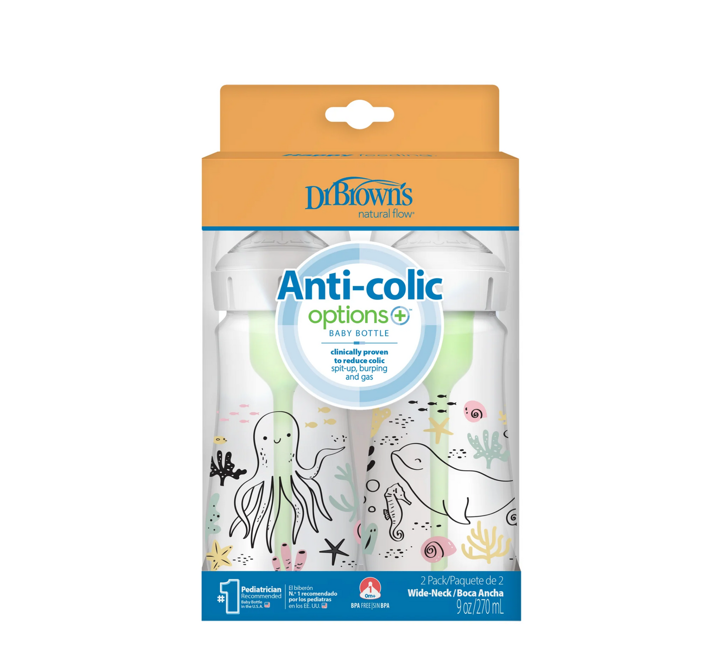 Dr. Brown’s Natural Flow Anti-Colic Options+ Wide-Neck Baby Bottle *270ml (2 Pack) - (shishe plastike)