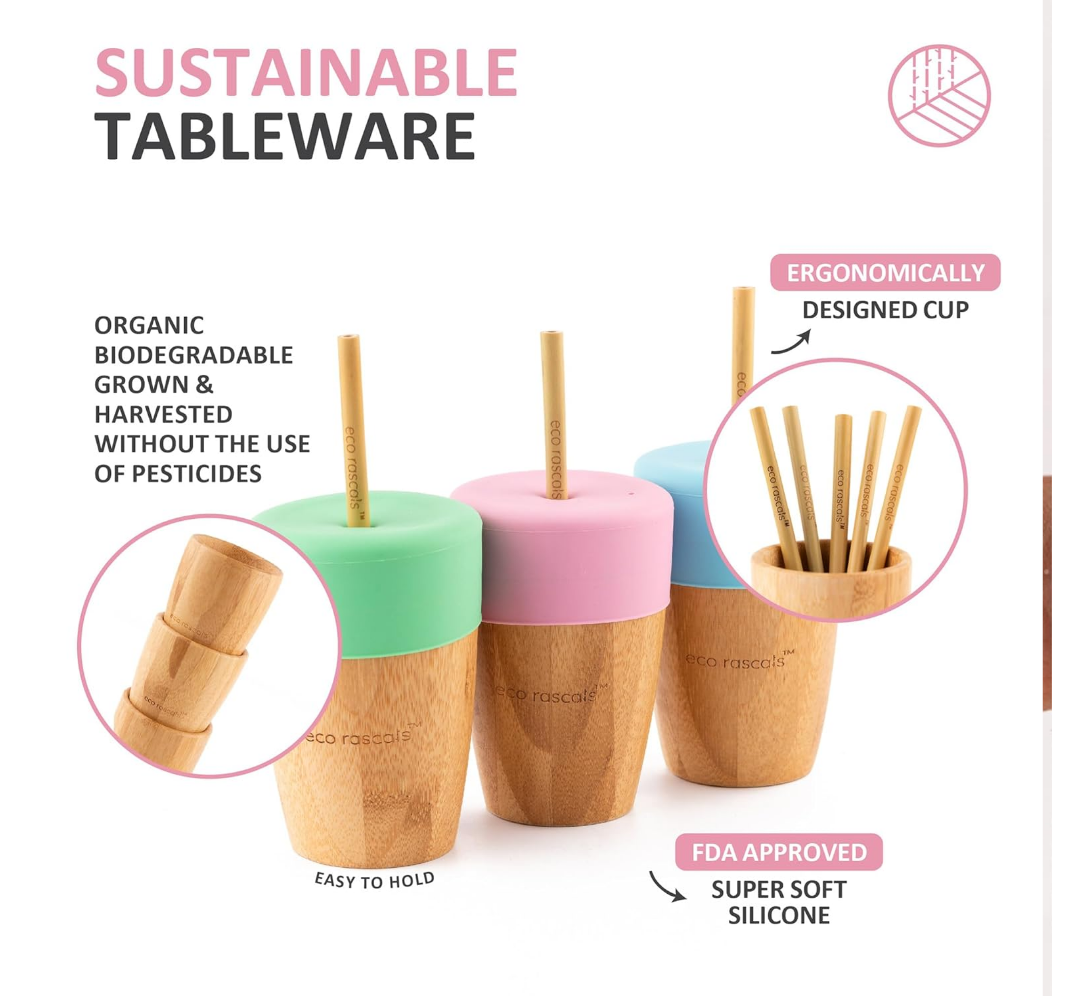 Eco Rascals Bamboo Tall Cup with Bamboo Straws 18M+ *210ml