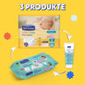 Baby care product set with diapers, wipes, and cream on yellow background, text reads 3 products.