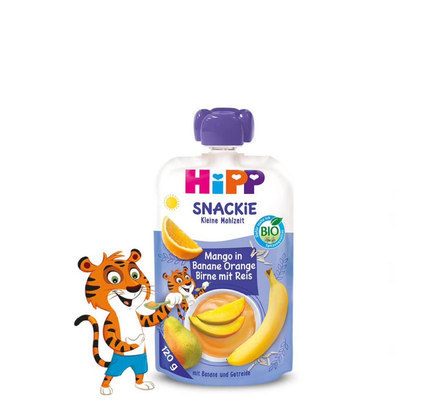 HiPP Hippis Mango në Qese me Banane, Portokall, Dardhë dhe Oriz 1 Vjet+ (*120g)