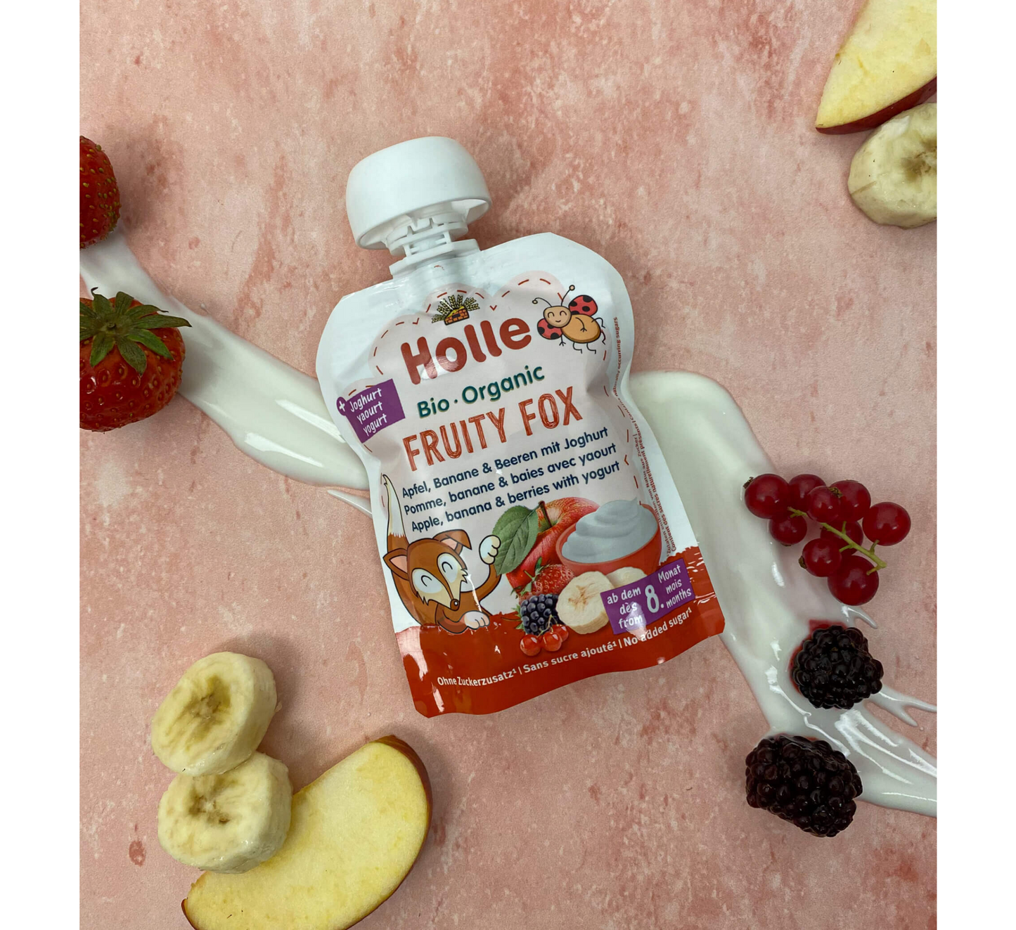 Holle Bio Organike Fruity Fox Pure (mole, banane dhe manaferra me kos 8M+) *85gr