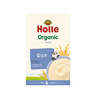 Holle Organic Rice Porridge cereal box with rice field, panda cartoon, and porridge bowl