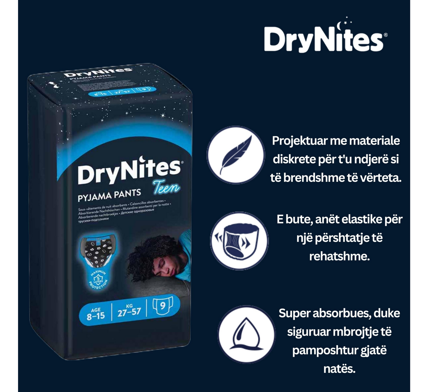 Pantallona Pizhame Huggies DryNites për Adoleshentë 8-15 Vjeç (27-57kg) *9 copë