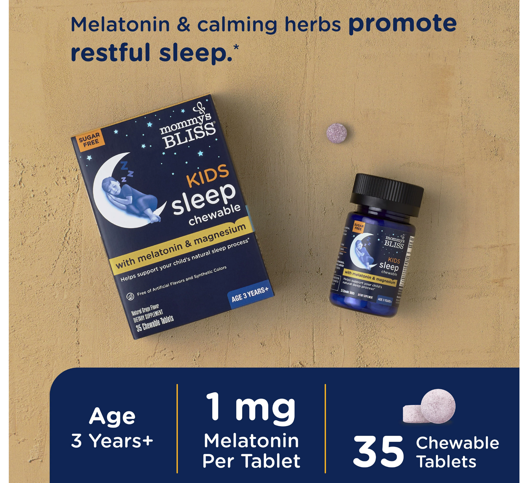 Tableta për përtypëse për gjumë për fëmijë me melatoninë dhe magnez 3vjec+ (*35 tableta)
