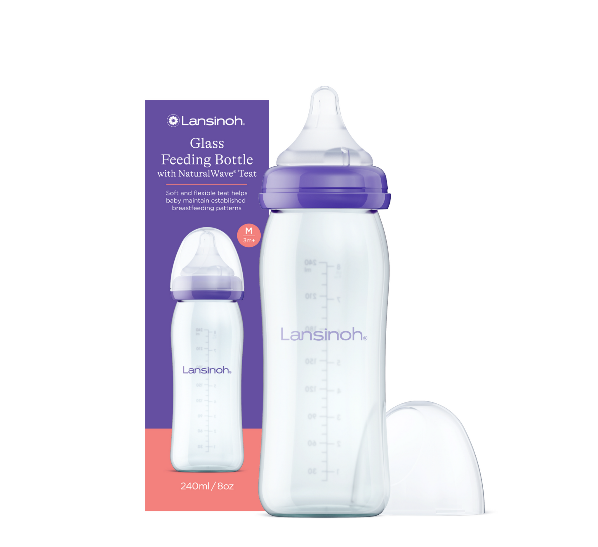 Lansinoh Glass Feeding Bottle NaturalWave Teat Medium Flow 3 Months+ (*240ml)