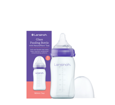 Стаклено шише за хранење Lansinoh NaturalWave со цуцла со бавен проток за 1 месец+ (*160 мл)