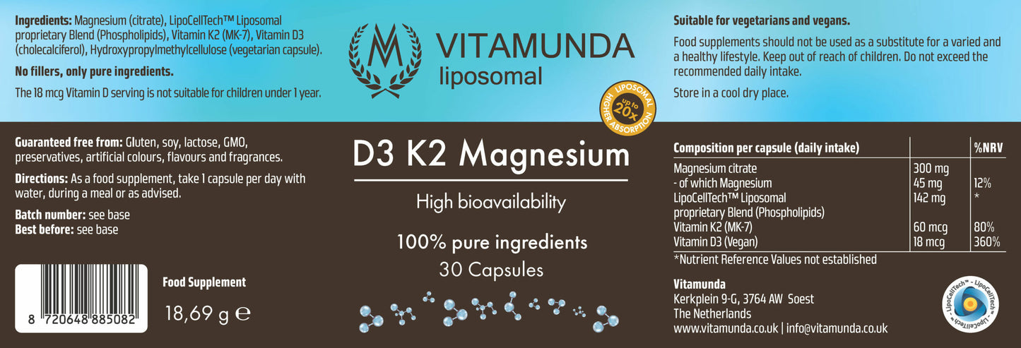 Liposomal Vegan D3 K2 Magnesium – 30 capsules