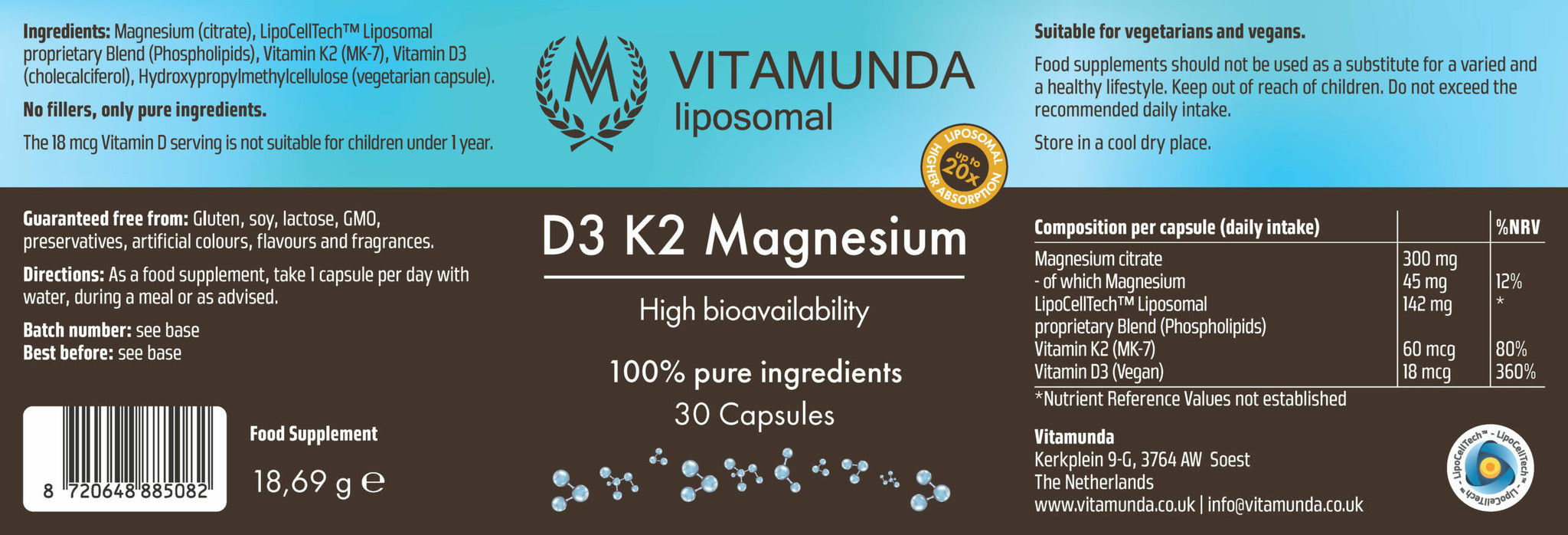 Liposomal Vegan D3 K2 Magnesium – 30 capsules