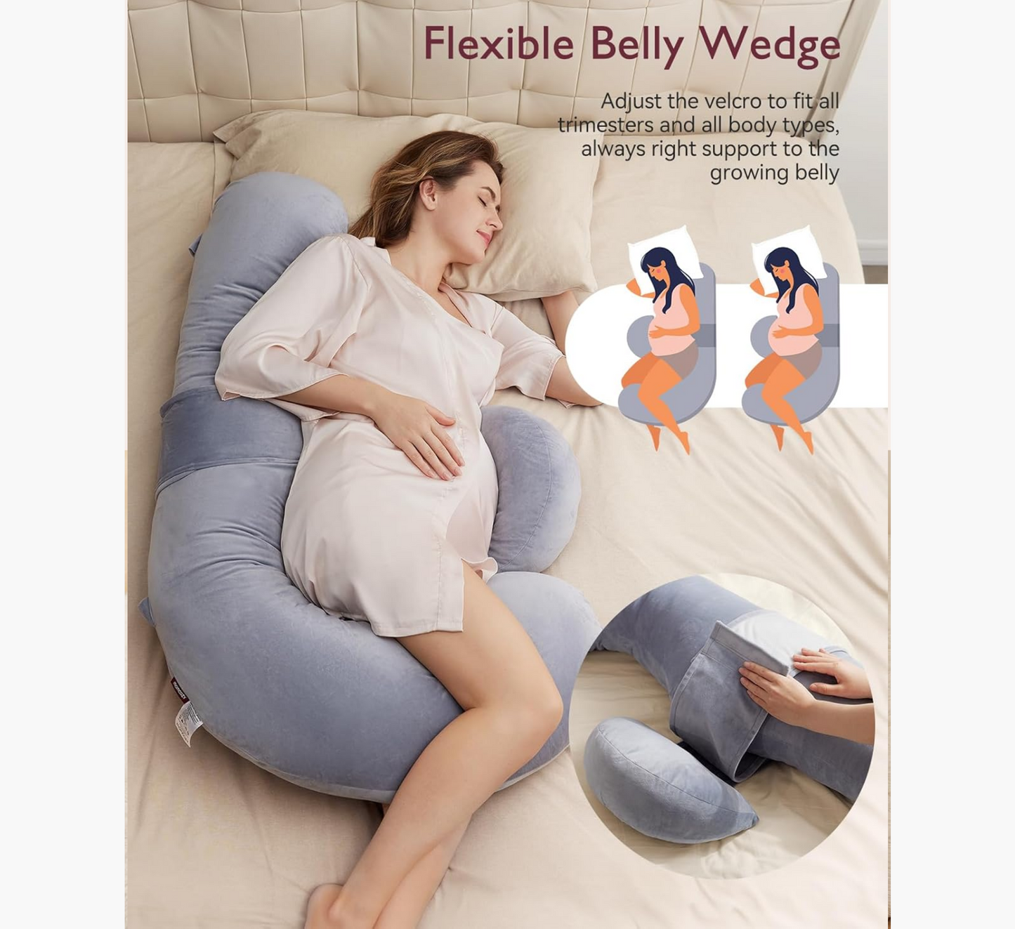 Jastëk i rehatshëm për shtatzëni në formë F-je Momcozy me pykë të rregullueshme