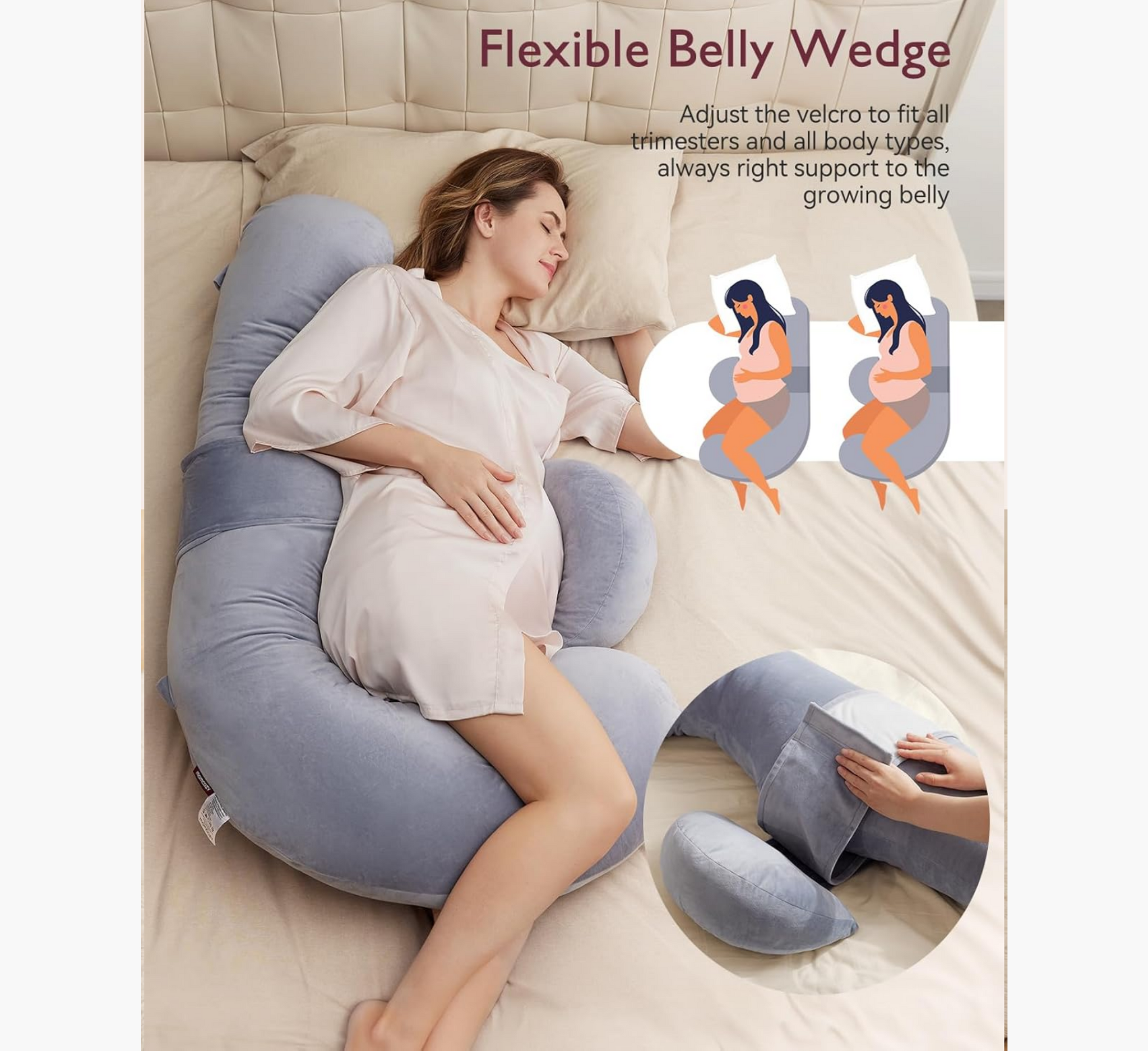 Jastëk i rehatshëm për shtatzëni në formë F-je Momcozy me pykë të rregullueshme