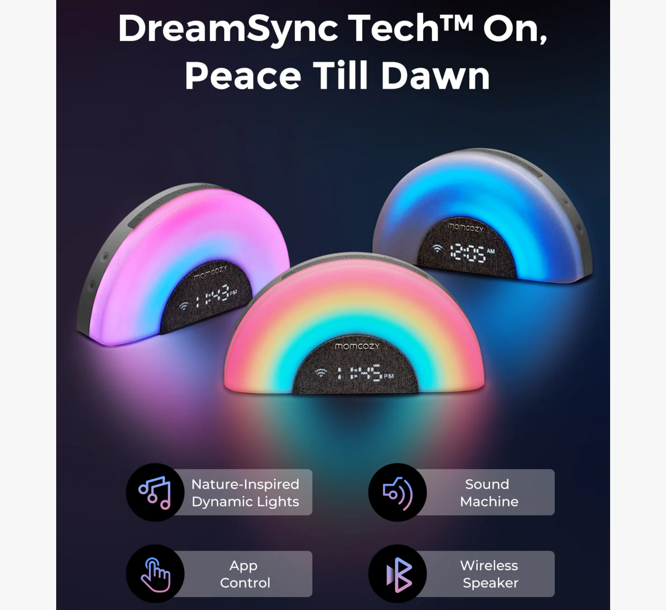 Momcozy DreamSync Tech™ Smart Baby Sound Machine - Rainbow Light & App Control