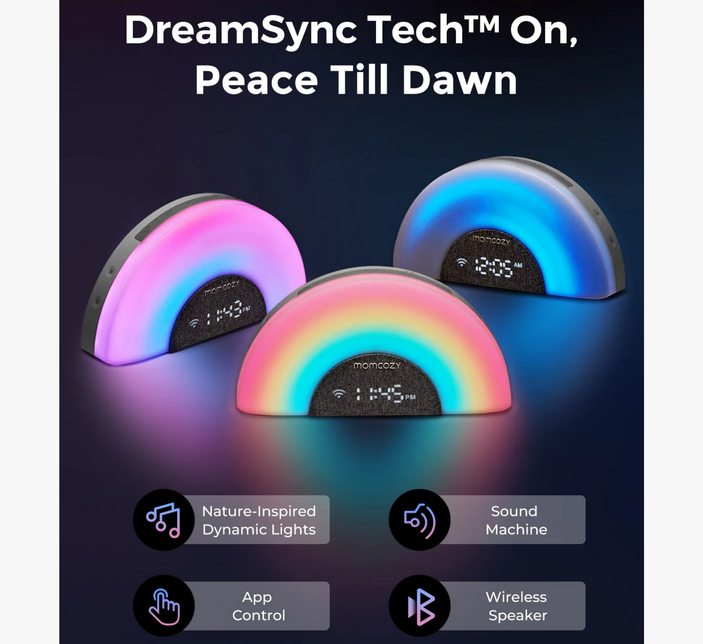 Makinë Inteligjente me Zë për Bebe Momcozy DreamSync Tech™ - Dritë Ylberi dhe Kontroll Aplikacioni