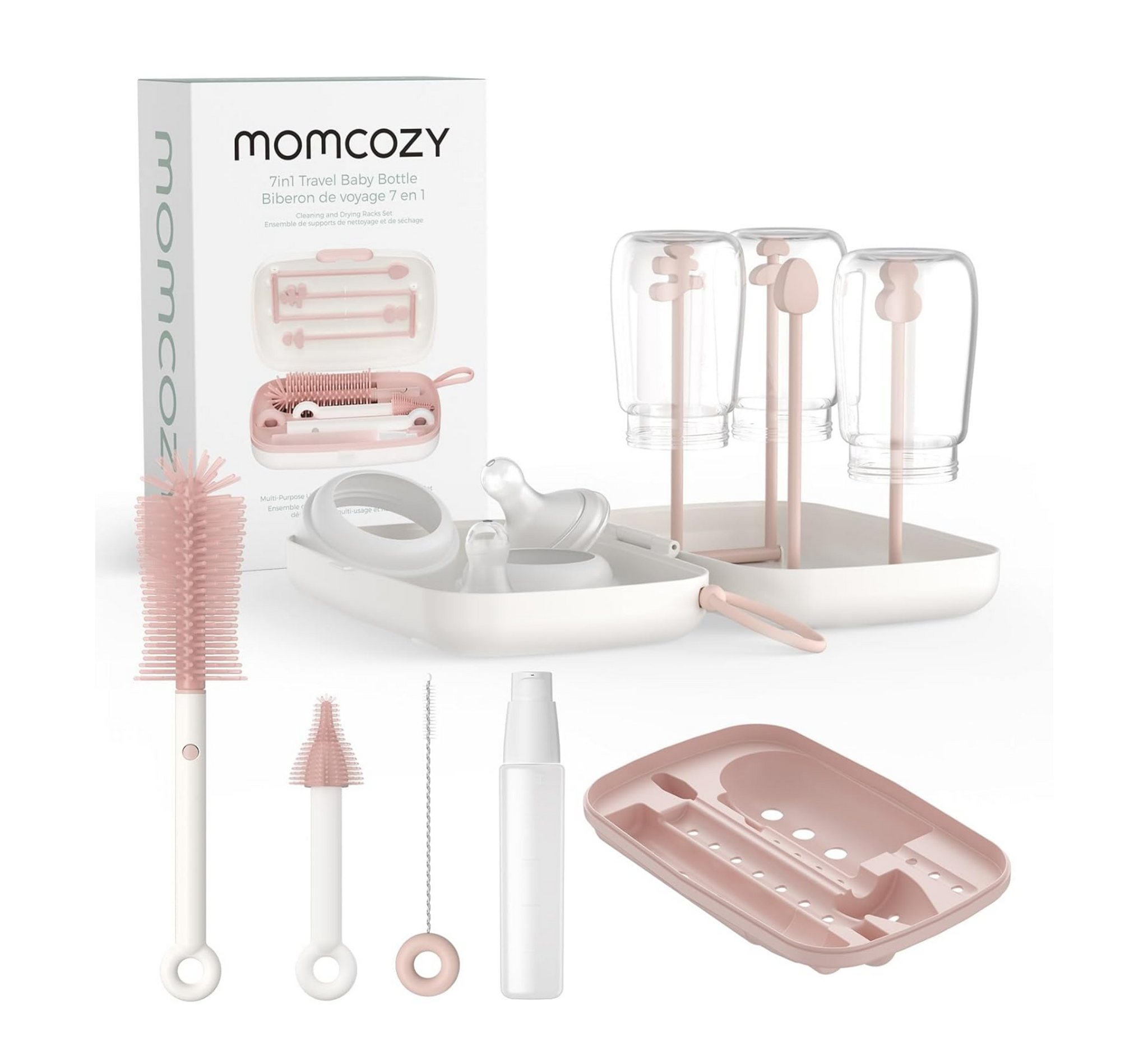 Momcozy 7-in-1 Travel Baby Bottle Cleaning & Drying Rack Set - Pink