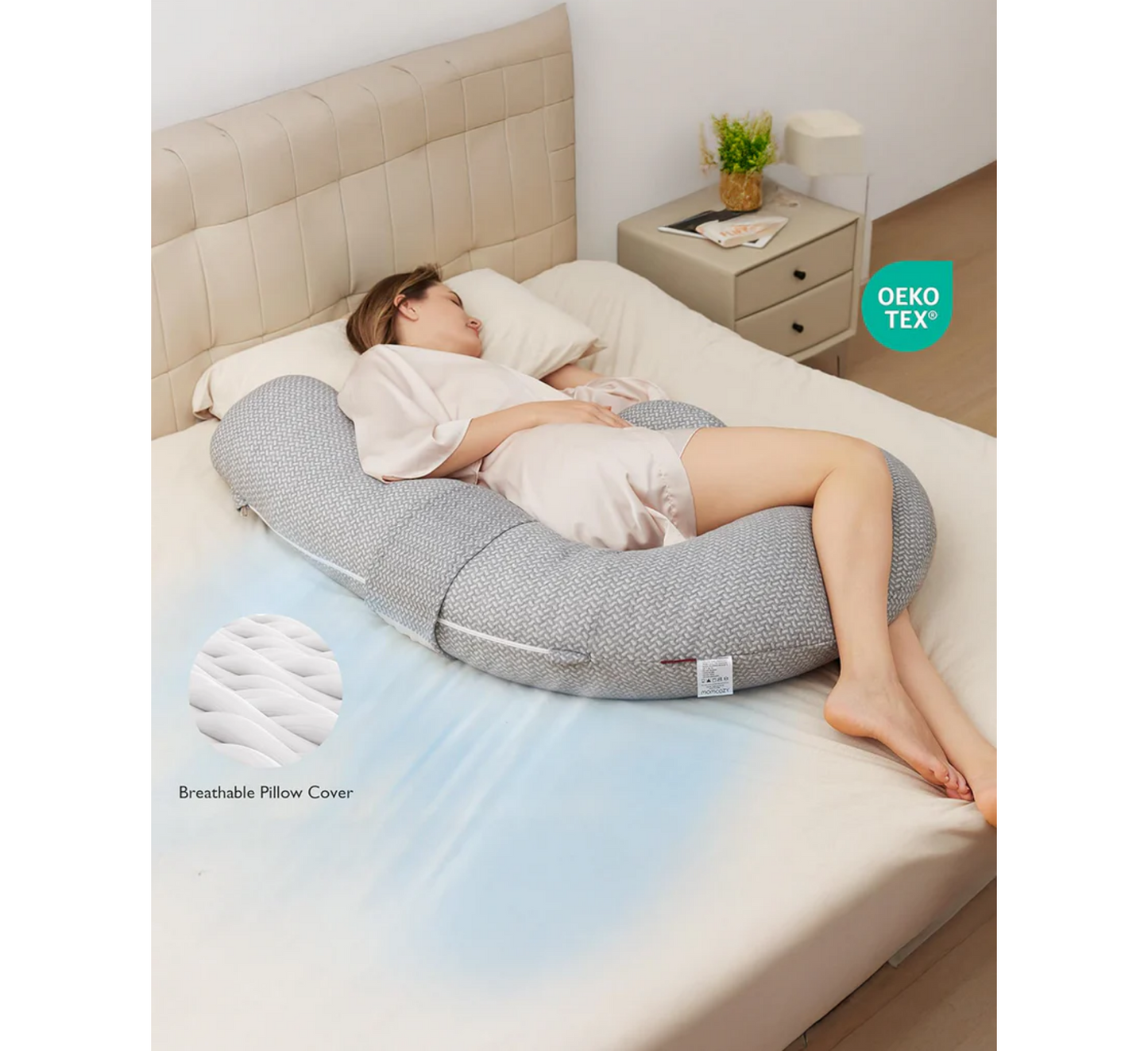 Jastëk i rehatshëm për shtatzëni në formë F-je Momcozy me pykë të rregullueshme