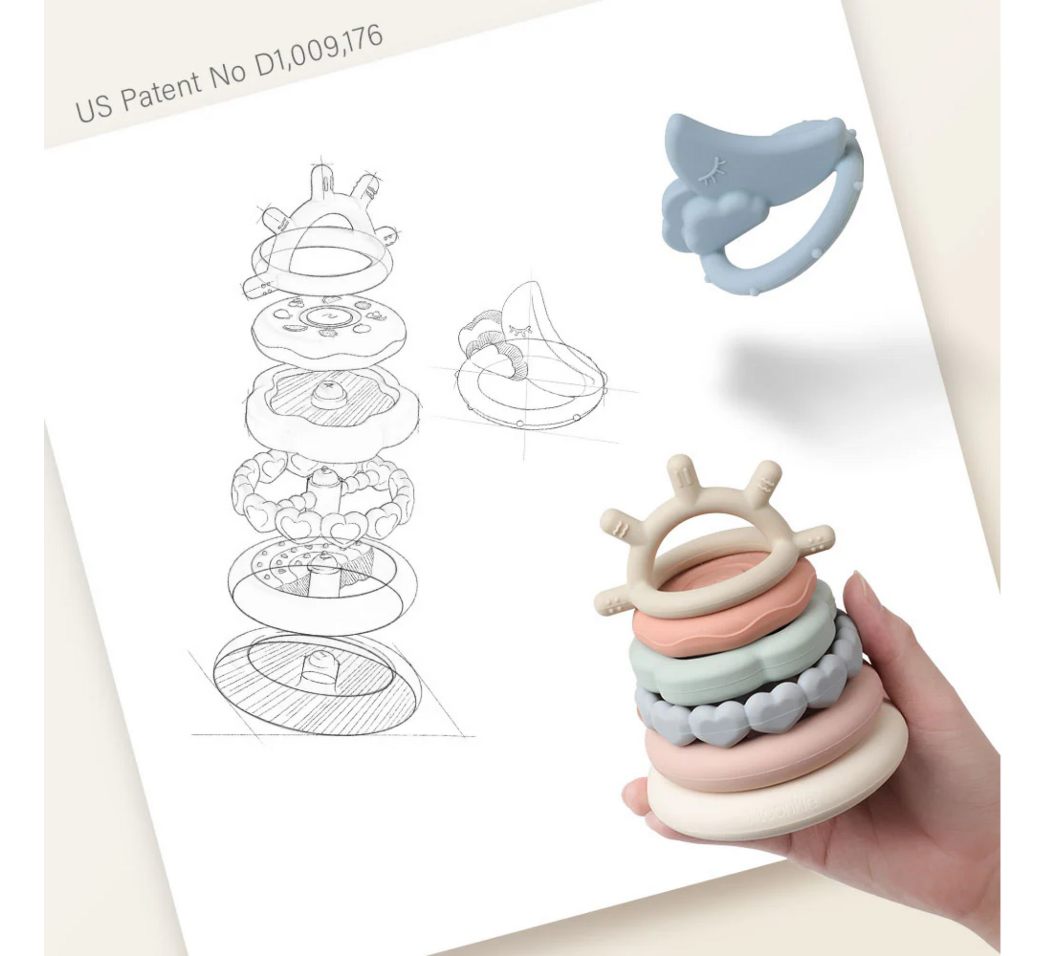 Unaza dhëmbësh Moonkie Stacking (+ kapëse biberoni)