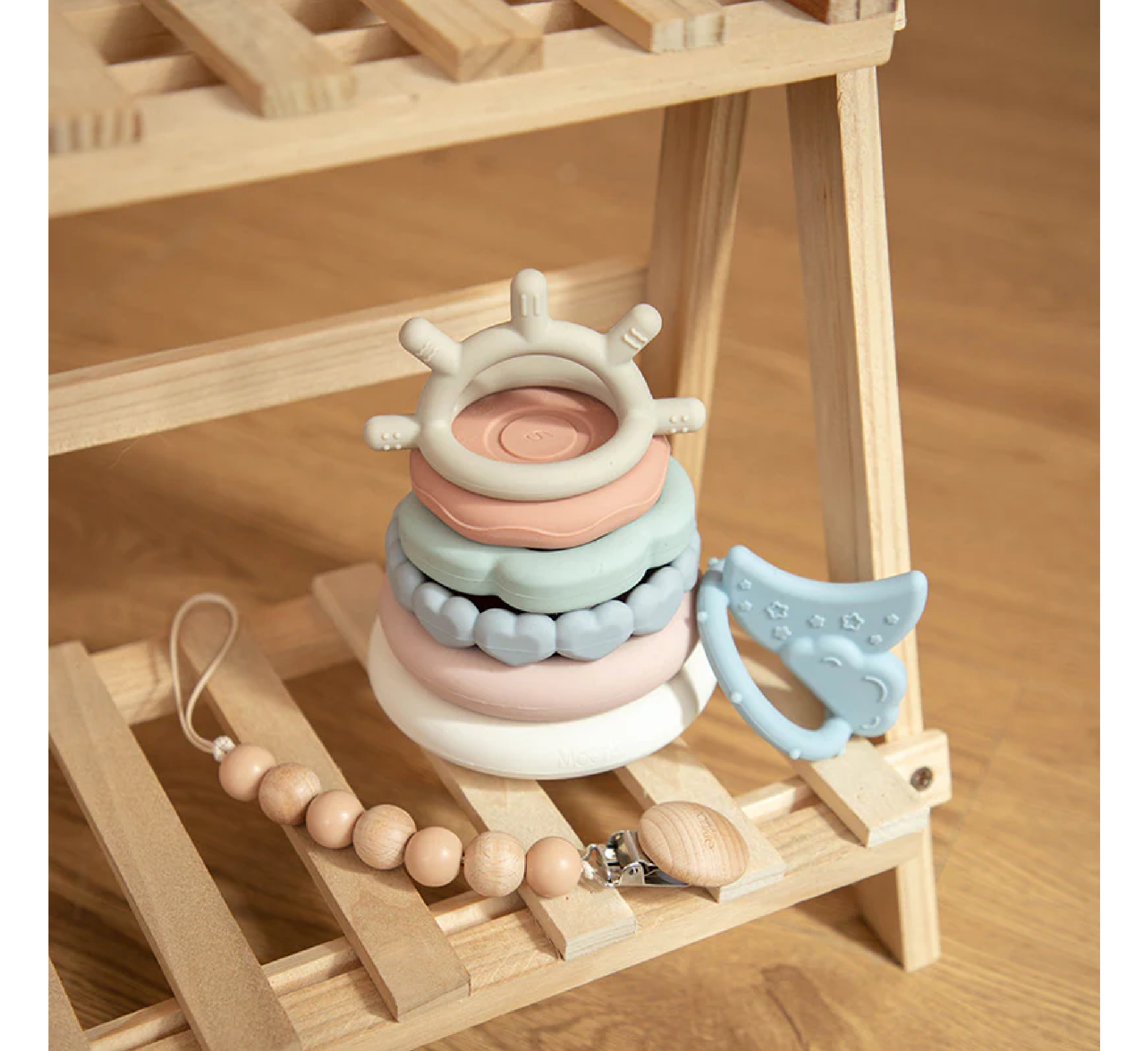 Moonkie Stacking Teething Rings (+ Pacifier Clip)