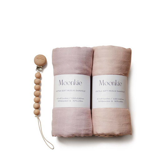 Moonkie Muslin Swaddle Blanket - 2 Pack (+ Pacifier Clip)