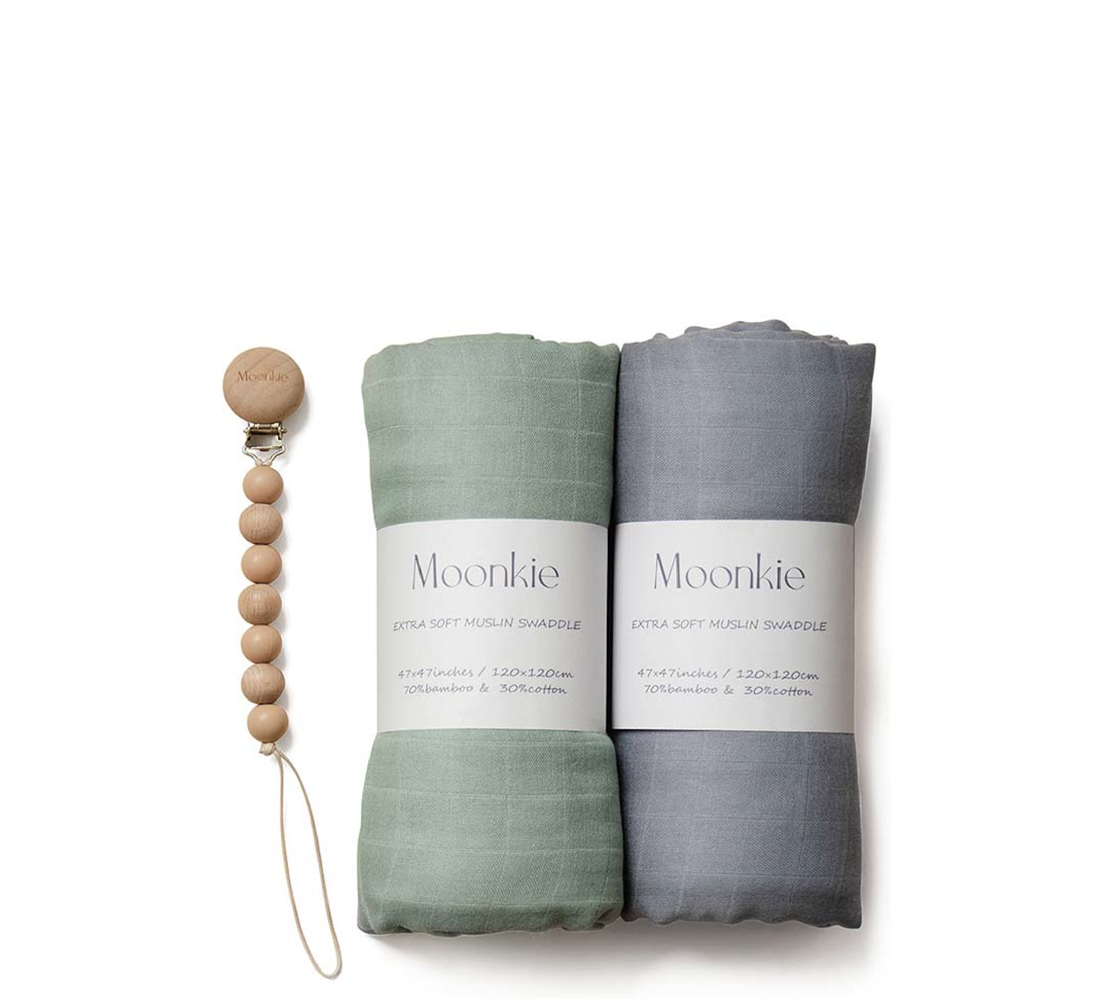 Moonkie Muslin Swaddle Blanket - 2 Pack (+ Pacifier Clip)
