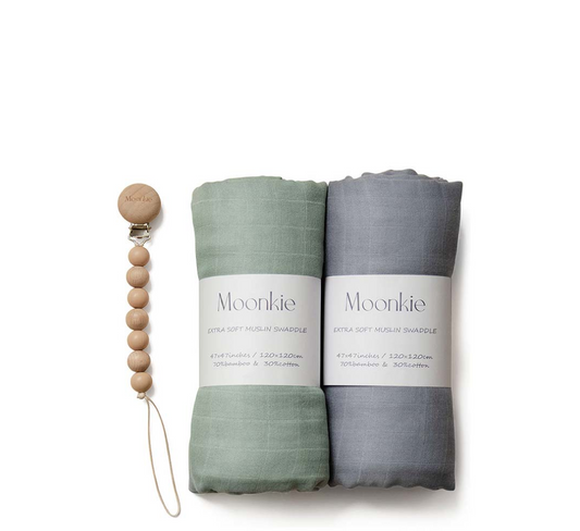 Moonkie Muslin Swaddle Blanket - 2 Pack (+ Pacifier Clip)