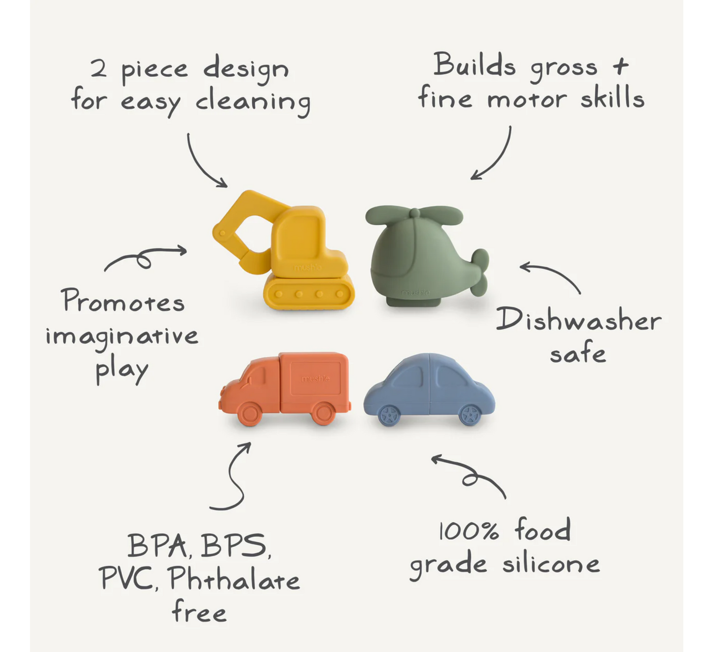 Set lojërash për banjo Mushie Baby Vehicles pa myk - Pako me 4 copë (10 muaj+)