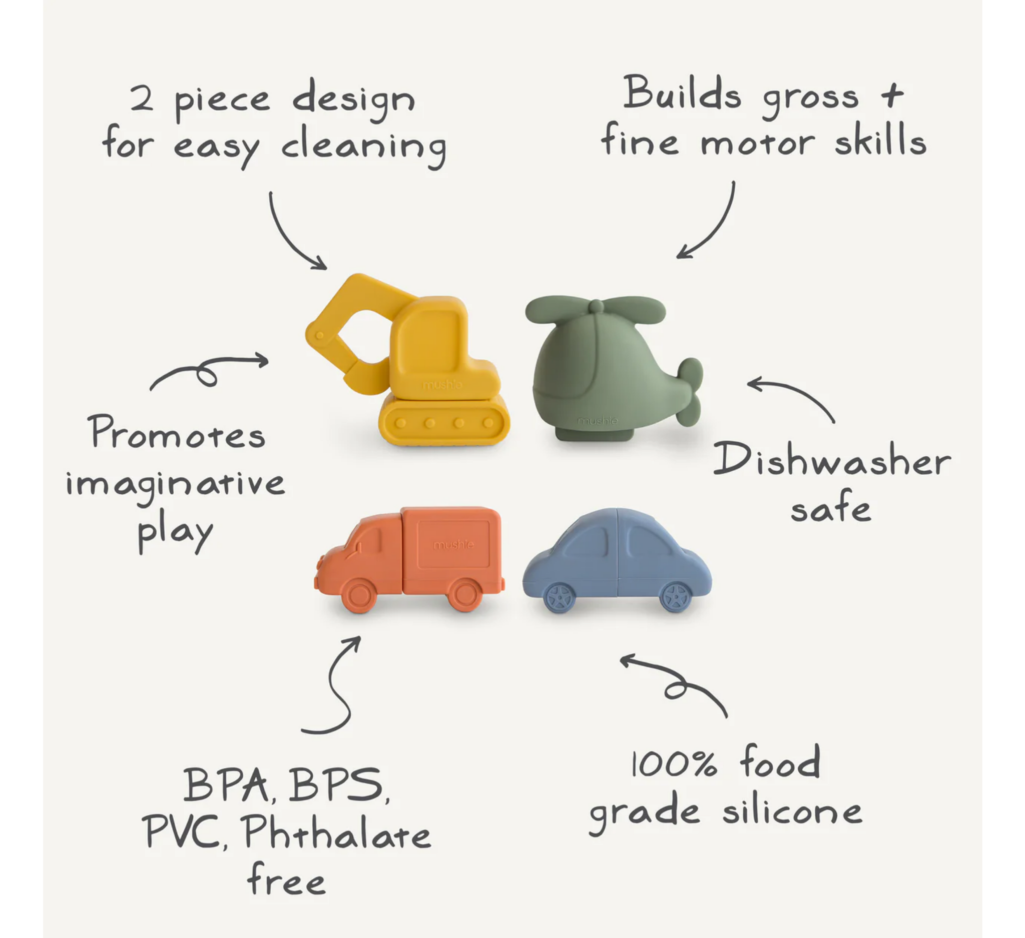 Set lojërash për banjo Mushie Baby Vehicles pa myk - Pako me 4 copë (10 muaj+)