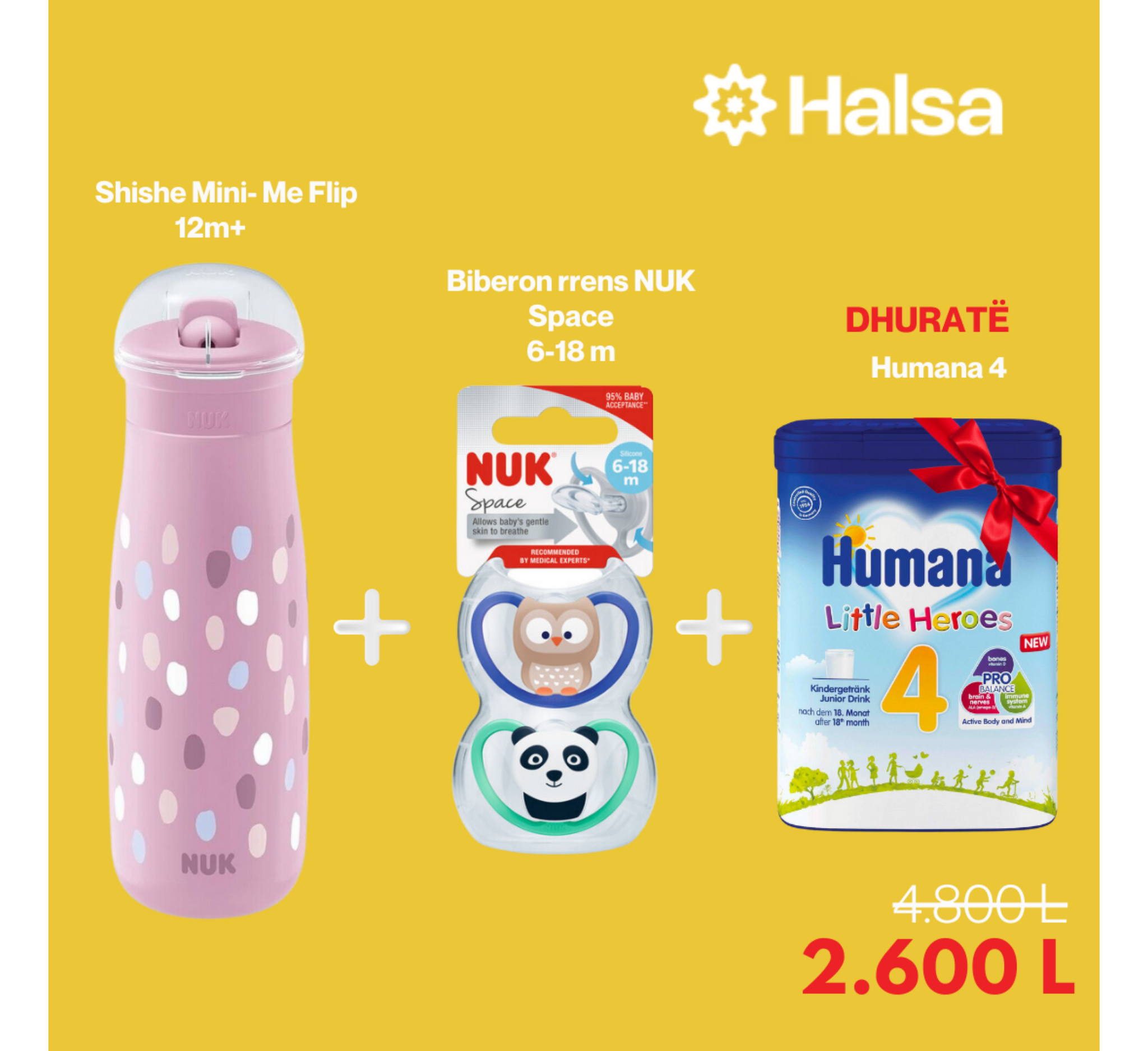 NUK Shishe Mini Me Flip 12m+ + NUK Biberon Rrens Hapësirë + Humana 4 18m+ (falas)