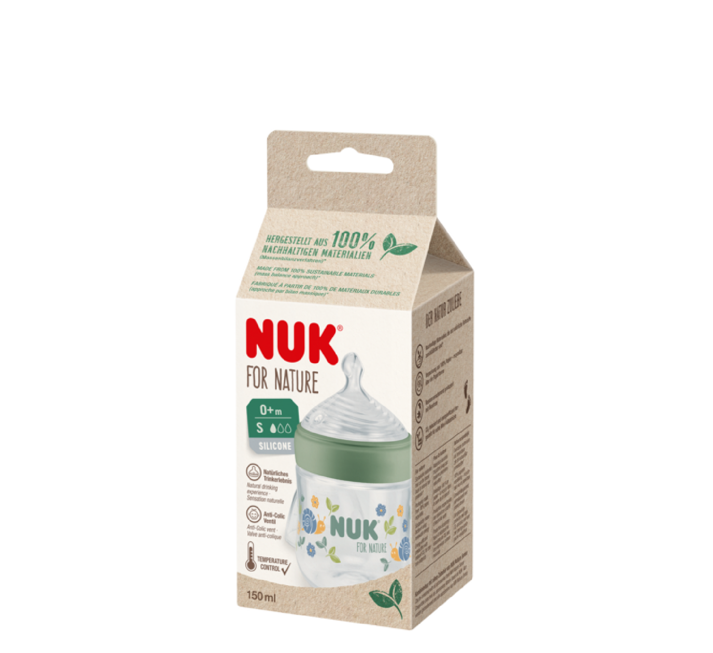 NUK FOR NATURE Shishe Plastike Silikoni Anti-Kolik me Rrjedhje të Ngadaltë 0m+ *150ml (kontroll temperature)