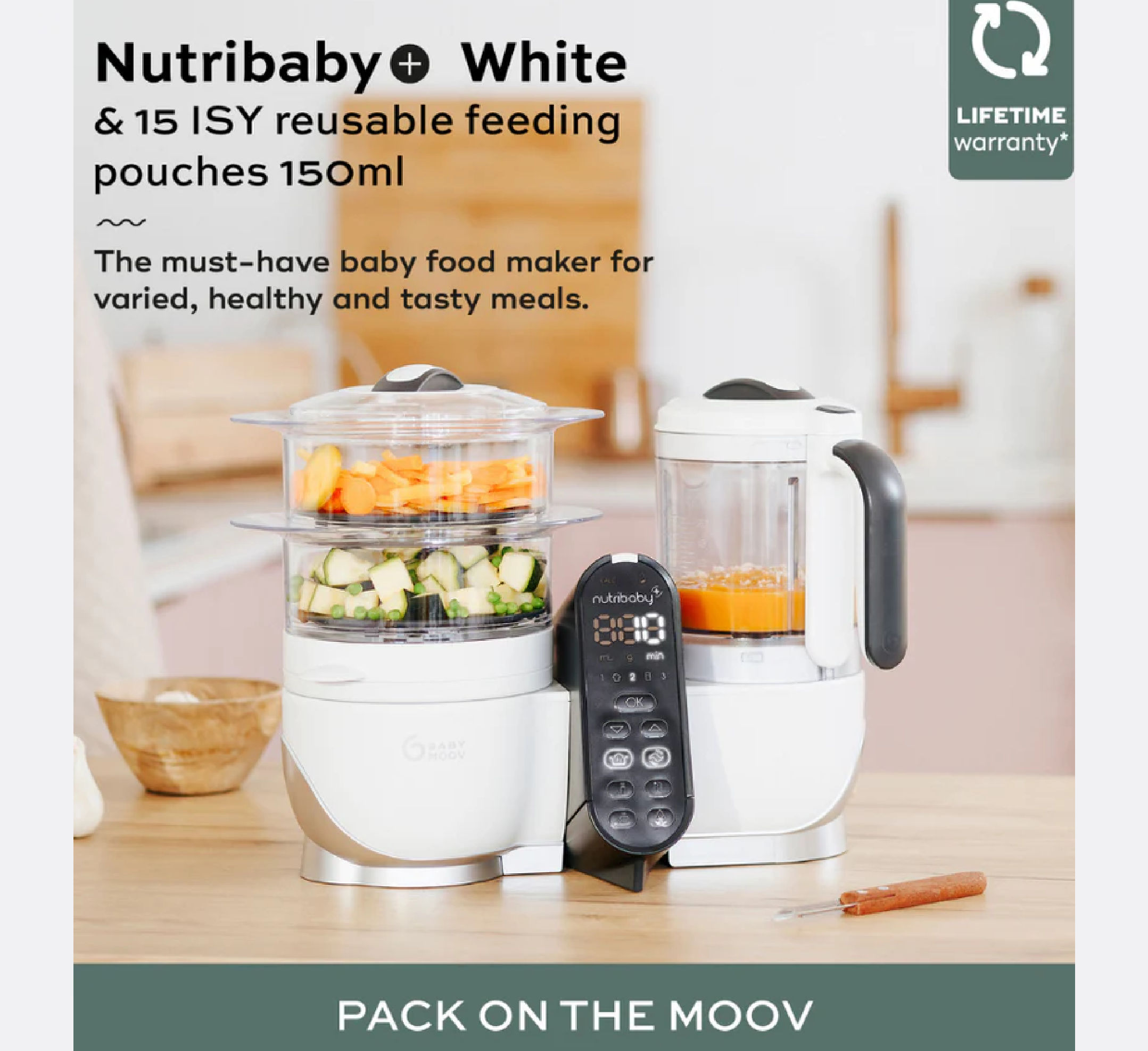 Nutribaby(+) 6in1 White Food Prep Maker + 15 Reusable Food Pouches