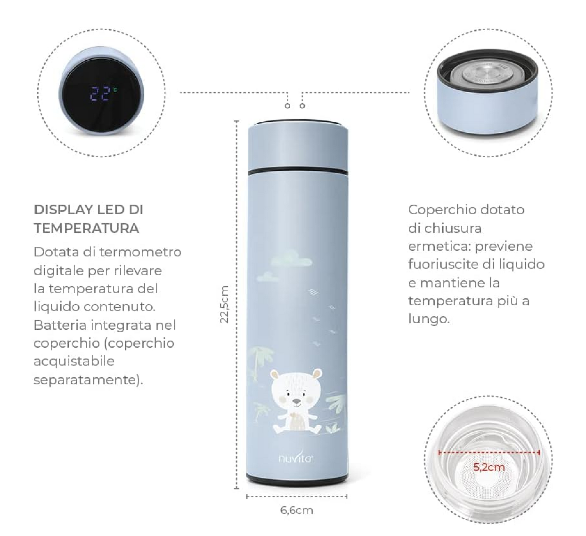 Shishe termike prej çeliku inox Nuvita me termometër LED *500ml