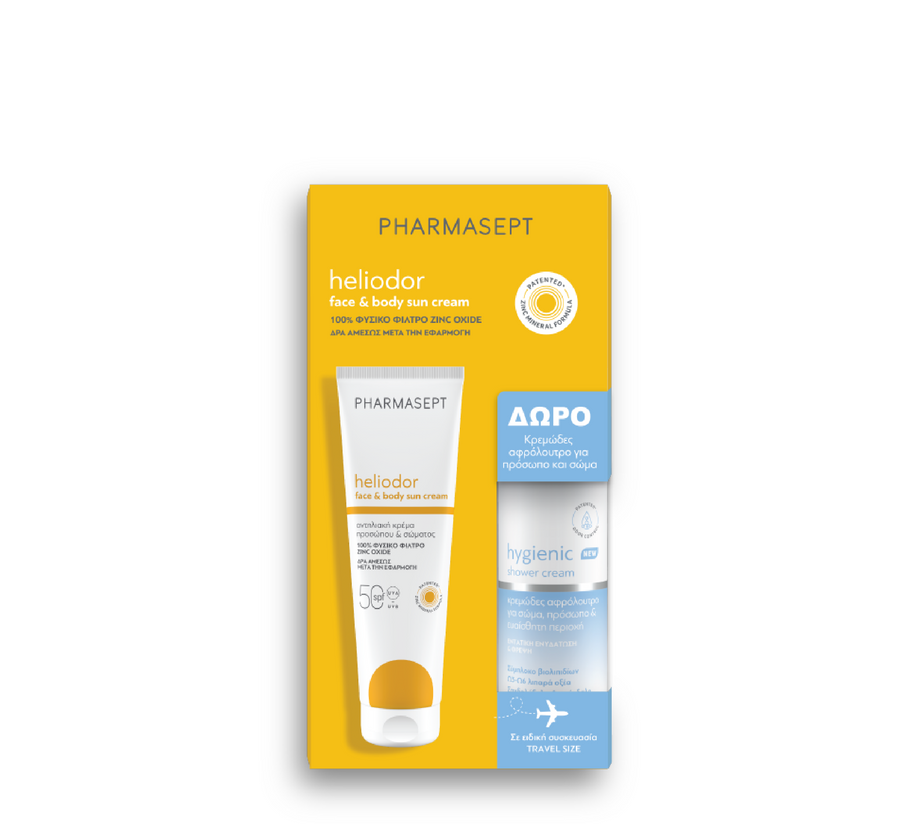 Промотивен пакет на Pharmasept Heliodor - крем за сончање за лице и тело Spf50 *150ml и хигиенски крем за туширање *100ml