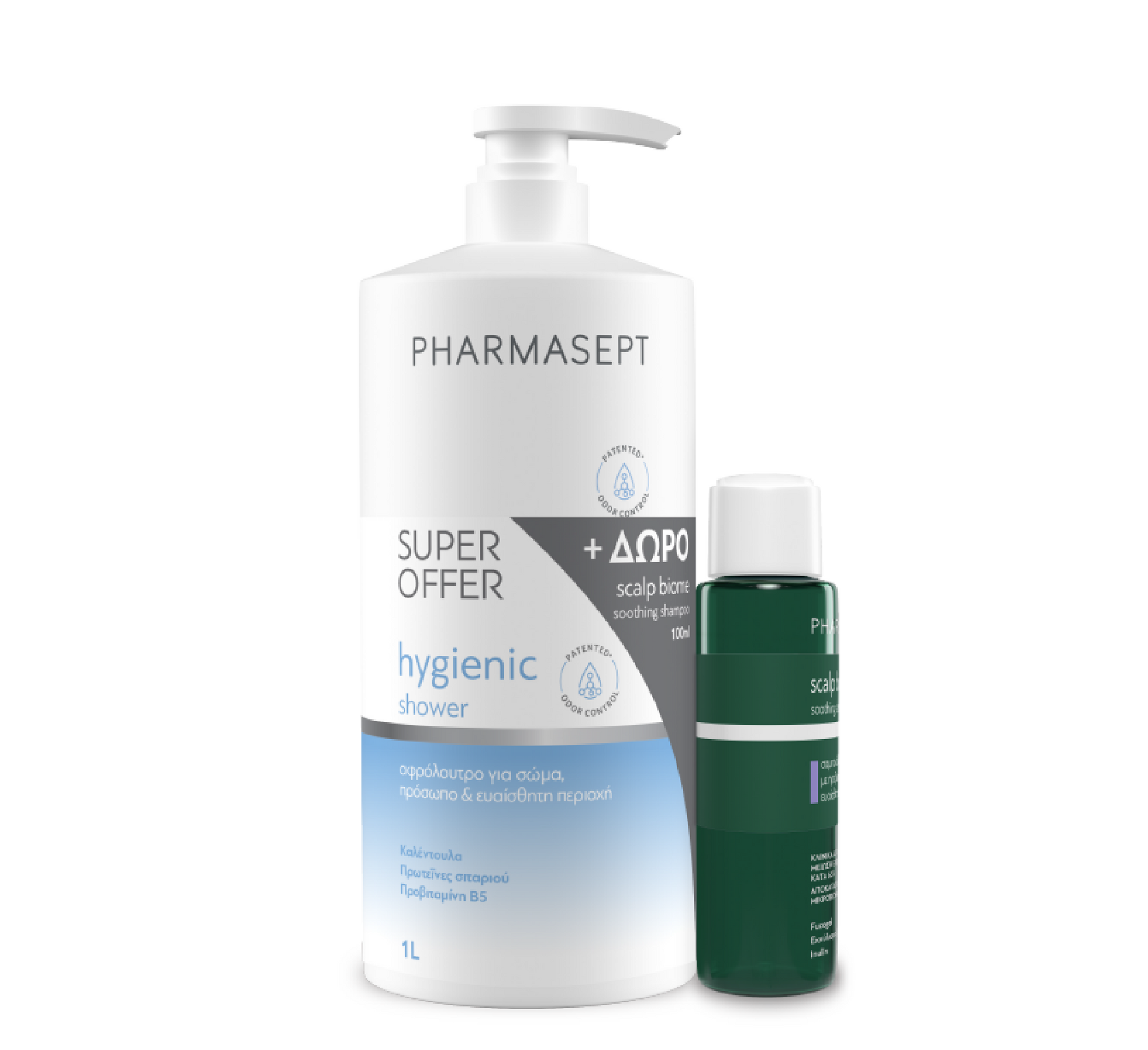 Oferta Super e Pharmasept - Xhel Dushi Higjienik (1L) + Shampo Mini Qetësuese për Skalpin e Kokës Biome (100ml)